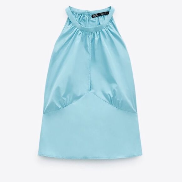 Zara Halter Bow Tie Back Powder Blue Front Slit Top Size Small - Picture 1 of 9